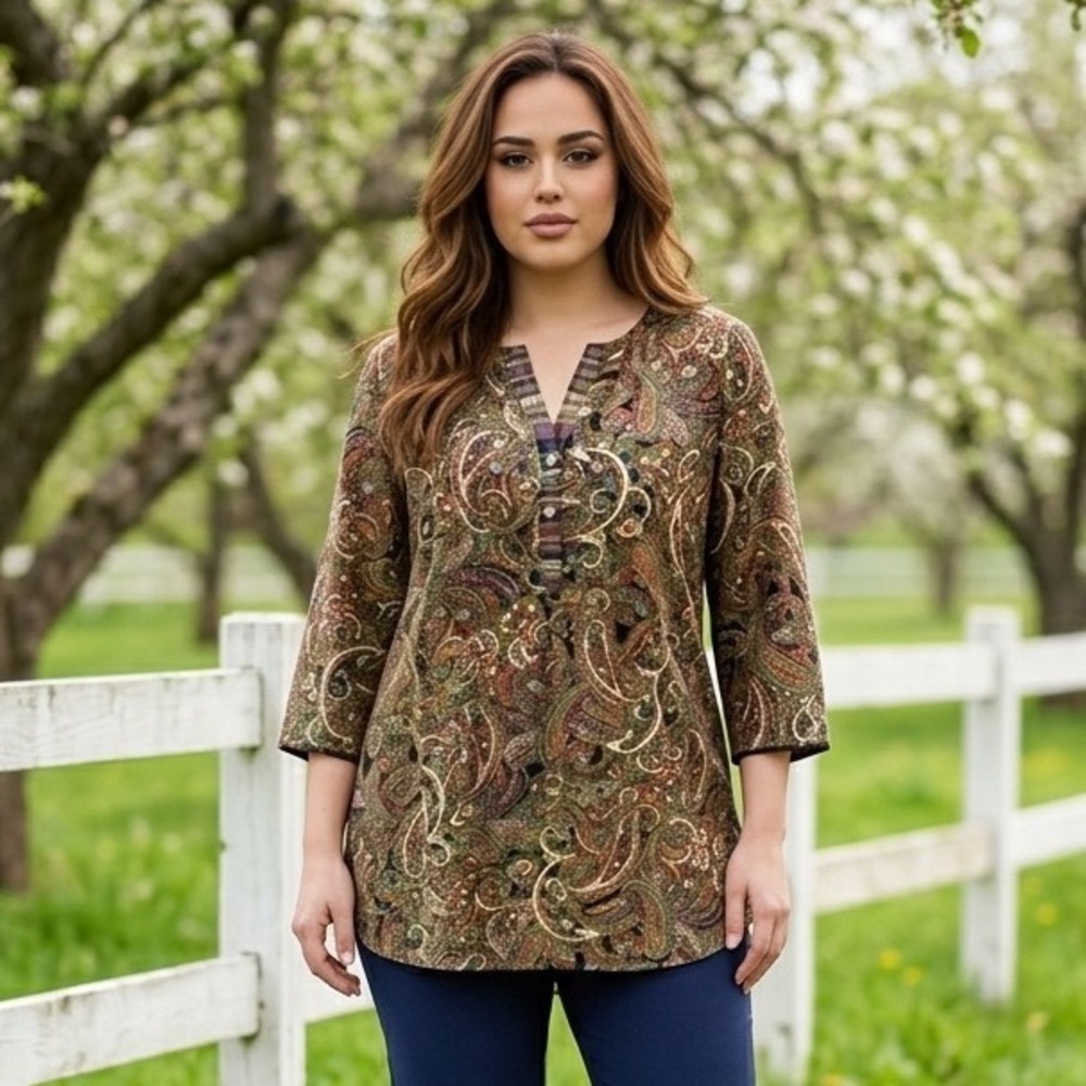 Fig and Flower Anthropologie 2X Paisley Plaid Tunic Yoke 3/4 Sleeve Whimsy Boho